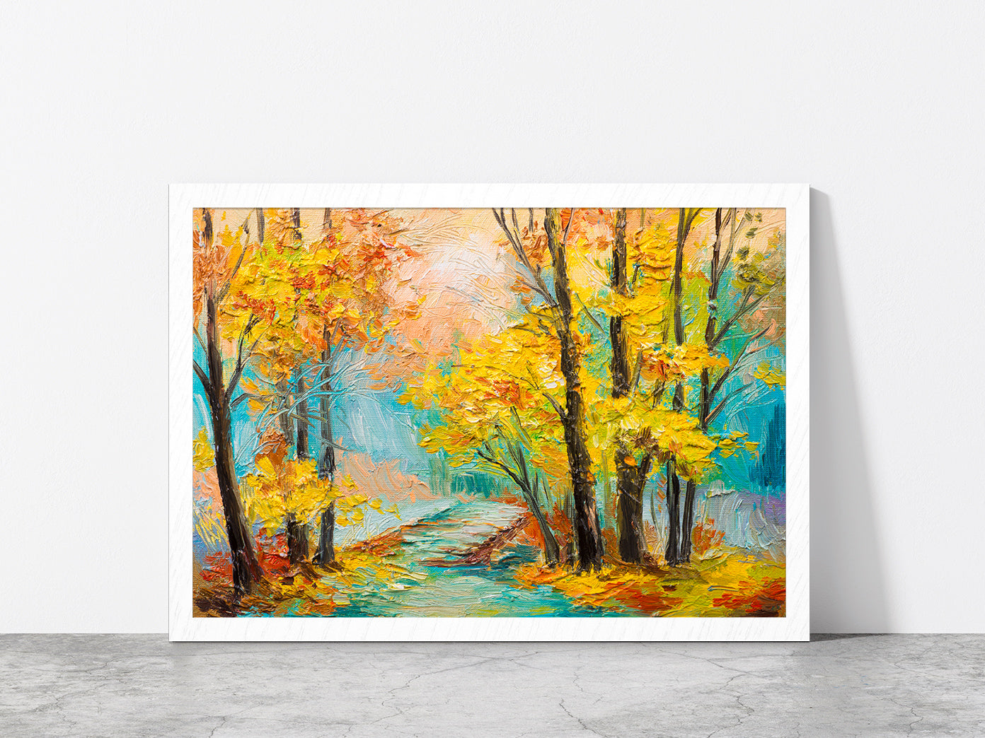 Yellow Trees With Autumn Forest Glass Framed Wall Art, Ready to Hang Quality Print Without White Border White