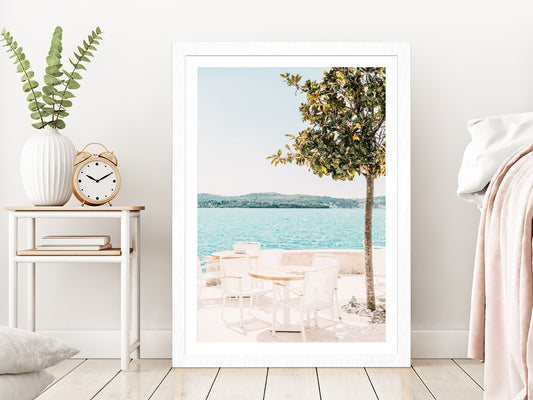 Resort Table & Tree near Beach Photograph Glass Framed Wall Art, Ready to Hang Quality Print With White Border White