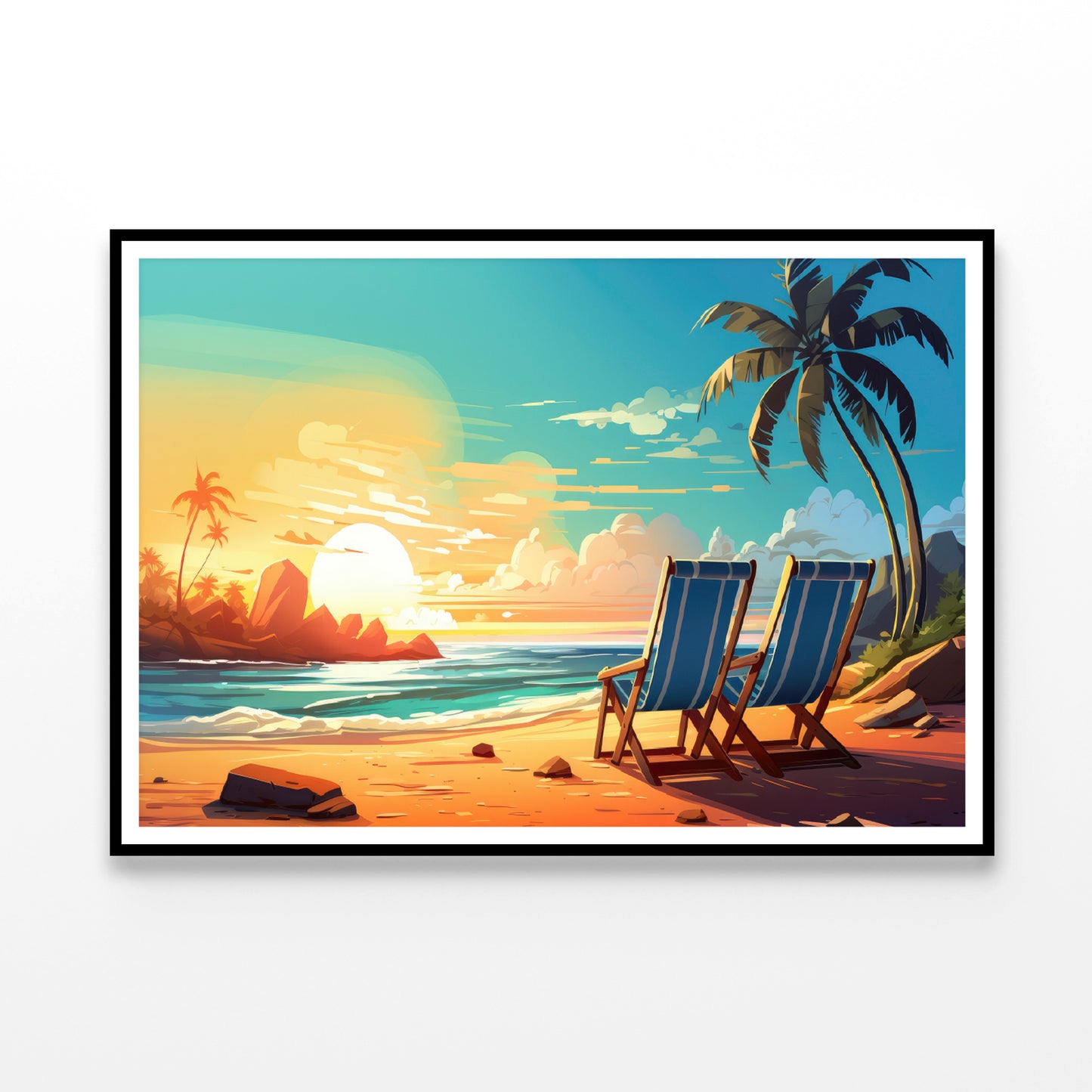 Chairs on a Beach with Palm Trees and the Ocean Home Decor Premium Quality Poster Print Choose Your Sizes