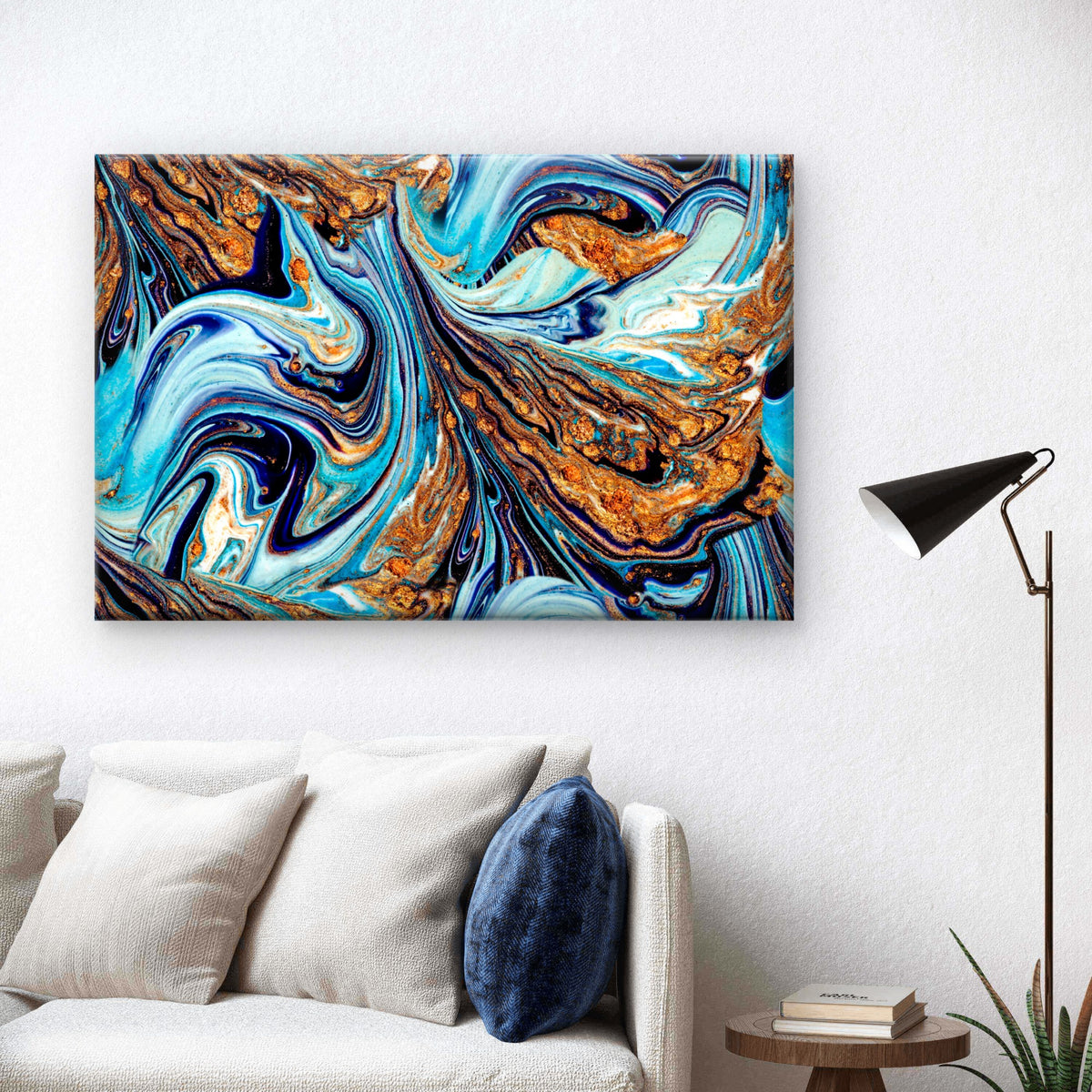 Blue Gold Marble Fluid Flow Abstract Wall Art Decor 100% Australian Made