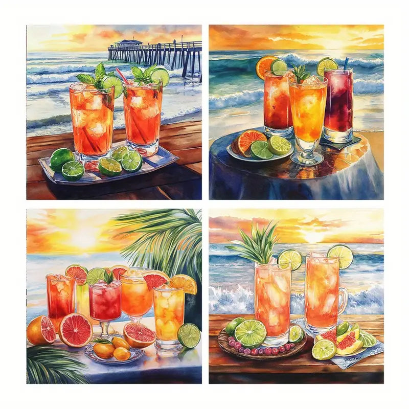 4pcs Sunset Beach Cocktail Wall Art Canvas Framed