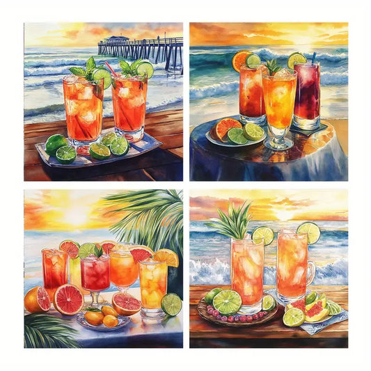 4pcs Sunset Beach Cocktail Wall Art Canvas Framed