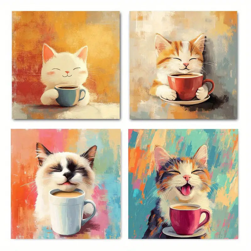 4pcs Adorable Kitten Tea & Coffee  Wall Art Canvas Framed