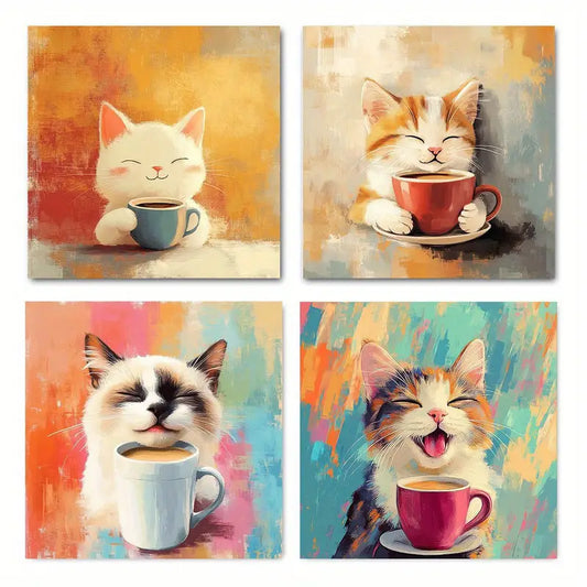 4pcs Adorable Kitten Tea & Coffee  Wall Art Canvas Framed