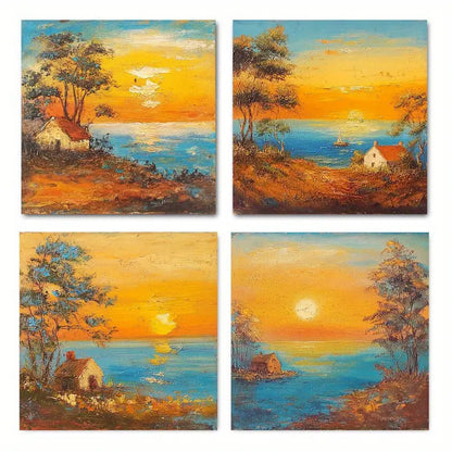 4pcs Peaceful Sunset Scenery with Cottages   Wall Art Canvas Framed