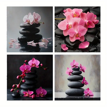 4pcs Black Stone With Pink Orchids Flower Print Wall Art Canvas Framed