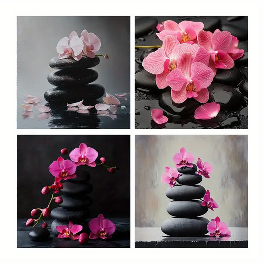 4pcs Black Stone With Pink Orchids Flower Print Wall Art Canvas Framed