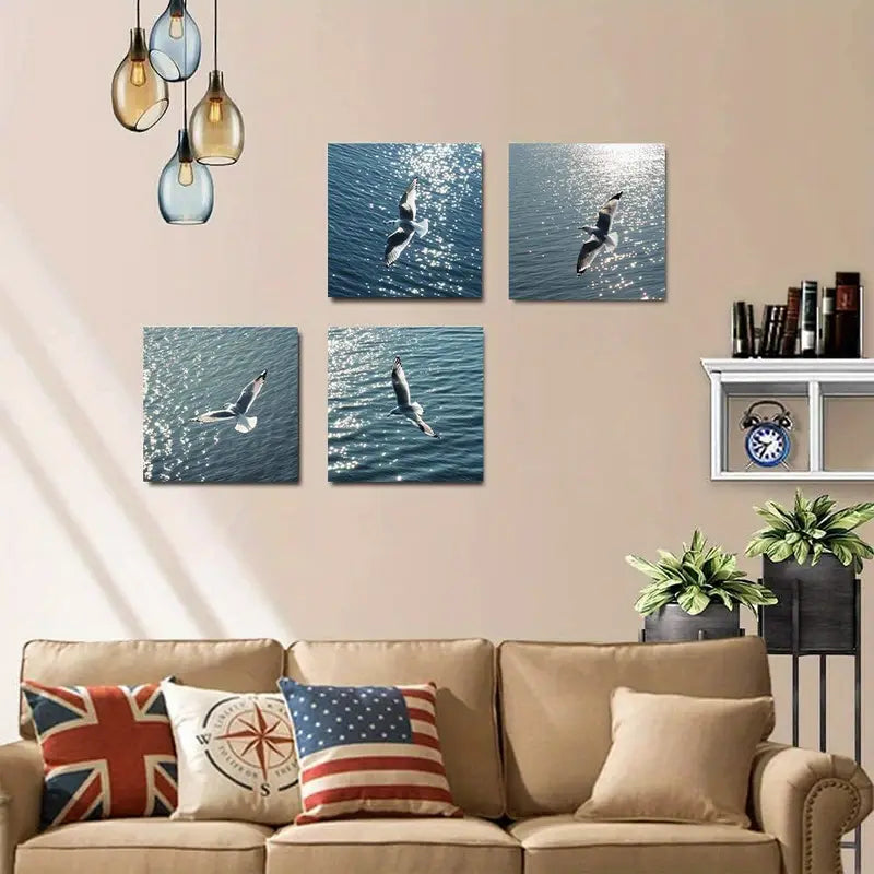 4pcs Flying Seagull Wall Art Canvas Framed