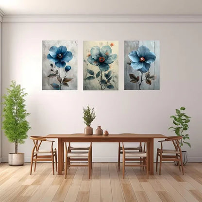 3pcs Modern Bohemian Blue And Gray Flowers Wall Art Set Canvas Framed 50x70cm - High Quality Print 100% Australian Made Wall Canvas Ready to Hang
