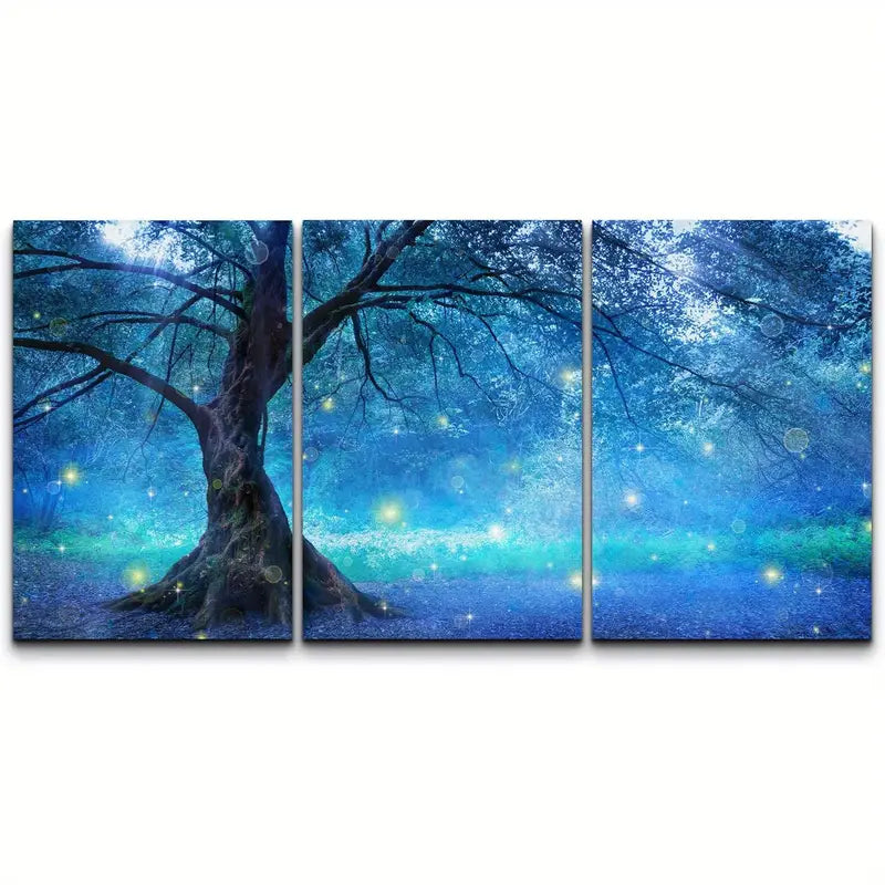 3pcs Sparkling Star In Blue Mystic Forest Nature Metal Print Ready to Hang Art