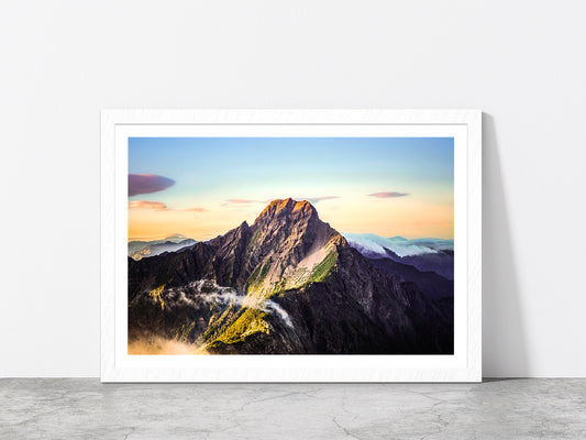 Sunrise Over The Mountains Taiwan Glass Framed Wall Art, Ready to Hang Quality Print With White Border White