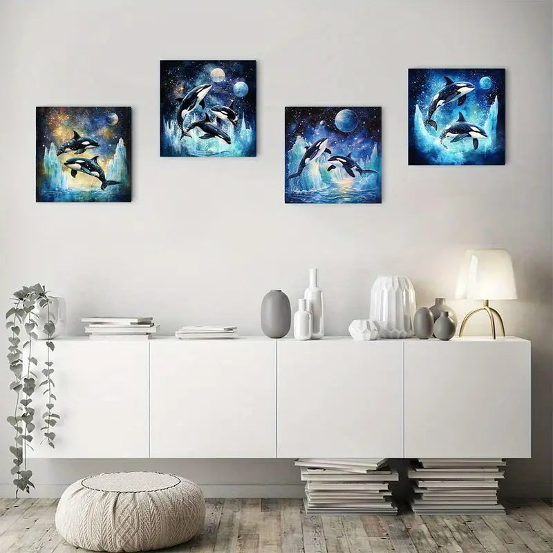 4pcs Majestic Oranges Leaping Off Water, Starry  Wall Art Canvas Framed