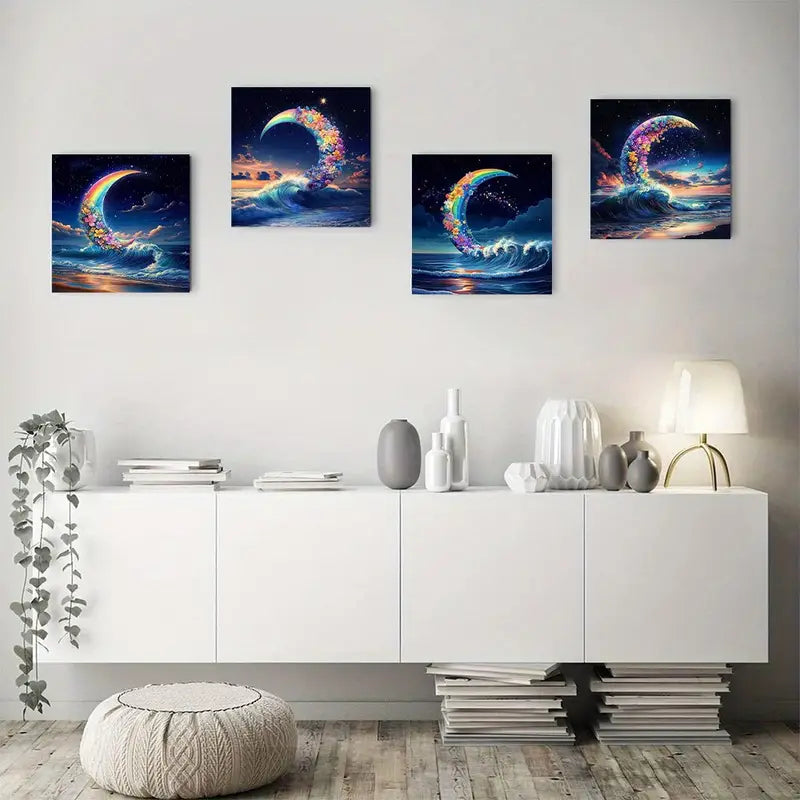 4pcs   Vibrant Rainbow & Floral Waves L     Wall Art Canvas Framed