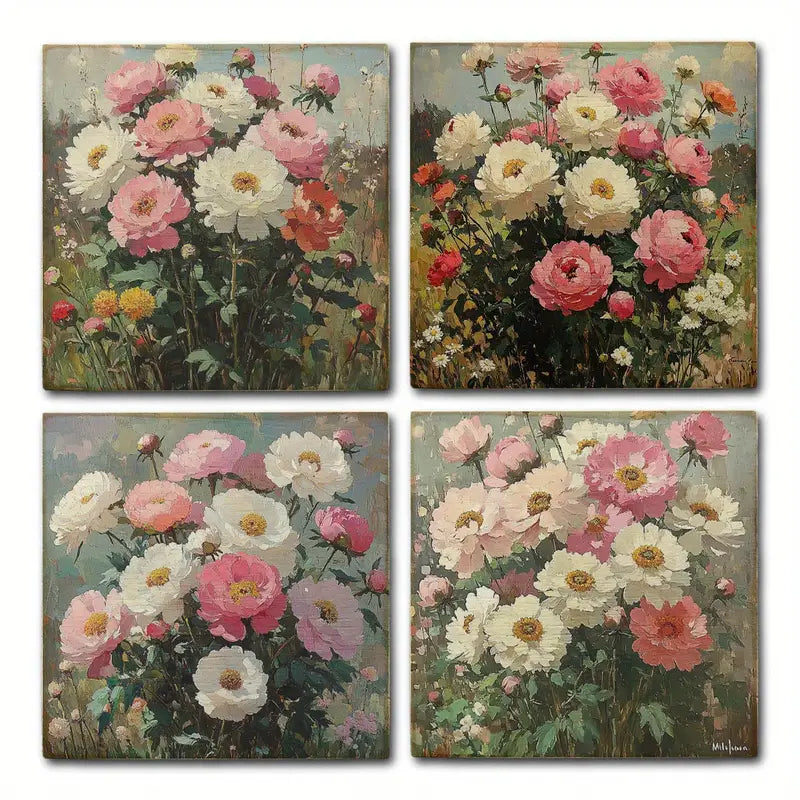 4pcs Pink And White Flower Boquet Wall Art Canvas Framed
