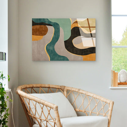 Abstract Geometric Teal Ocher Wave Acrylic Glass Printing Wall Art Australian Made Quality