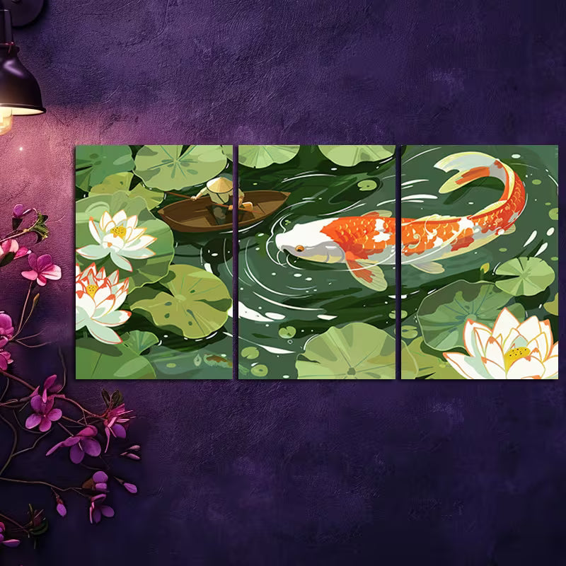 3pcs Fisherman on Boat Casting Net in Lotus Pond Wall Art Set Canvas Framed 40x60cm - High Quality Print 100% Australian Made Wall Canvas Ready to Hang