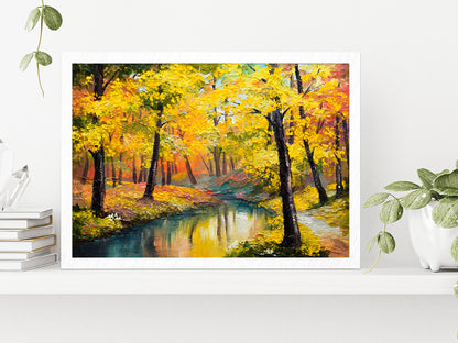 Autumn Trees With Lake In Forest Oil Painting Glass Framed Wall Art, Ready to Hang Quality Print Without White Border White