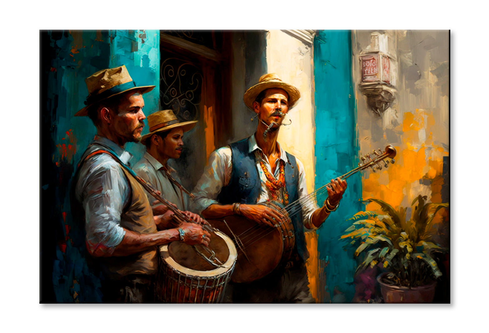 Jazz Band Havana Street Oil Painting Wall Art Limited Edition High Quality Print Stretched Canvas None