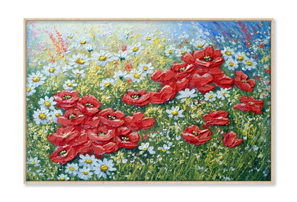 Red & White Flowers with Leaves Oil Painting Wall Art Limited Edition High Quality Print Canvas Box Framed Natural