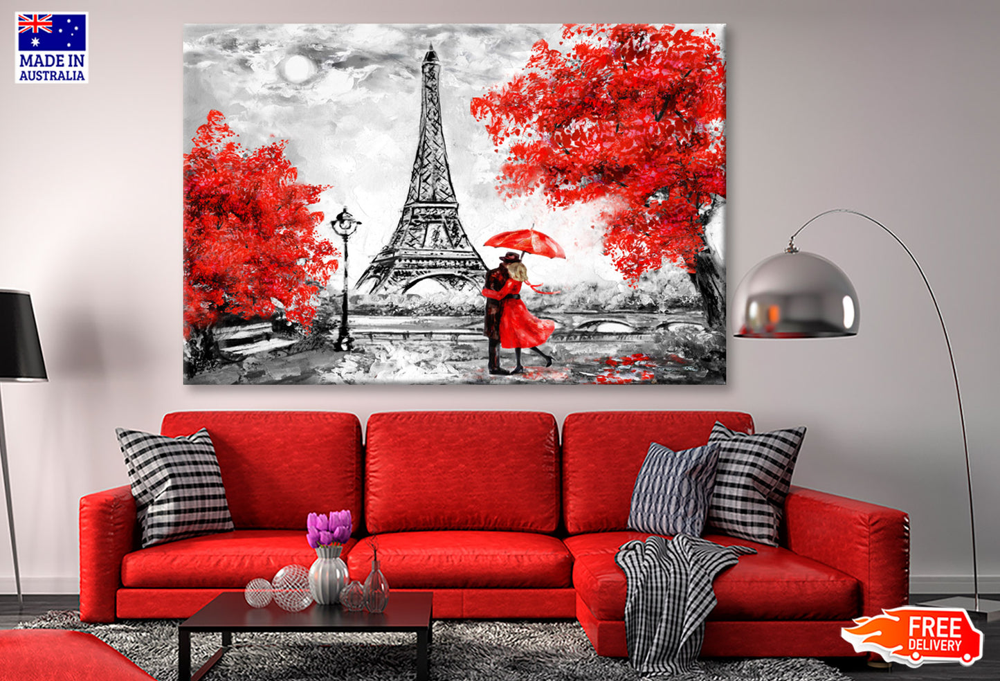 Red Couple & Trees near Eiffle Tower Watercolor Painting Wall Art Limited Edition High Quality Print