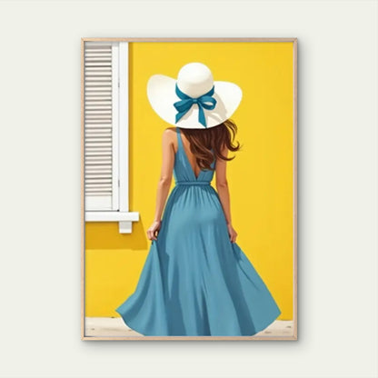 Elegant Woman in Blue Dress and Wide-Brimmed Hat Fashion Home Decor Premium Quality Poster Print Choose Your Sizes
