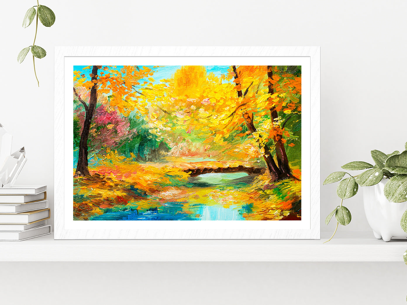 Colorful Autumn Forest With River Glass Framed Wall Art, Ready to Hang Quality Print With White Border White