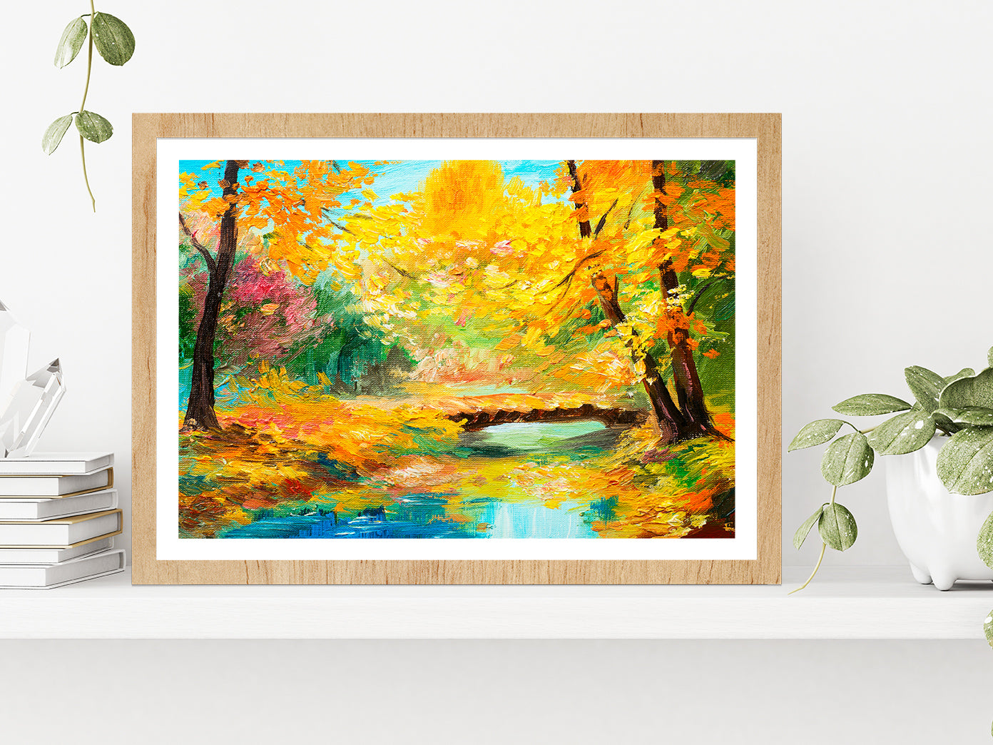 Colorful Autumn Forest With River Glass Framed Wall Art, Ready to Hang Quality Print With White Border Oak