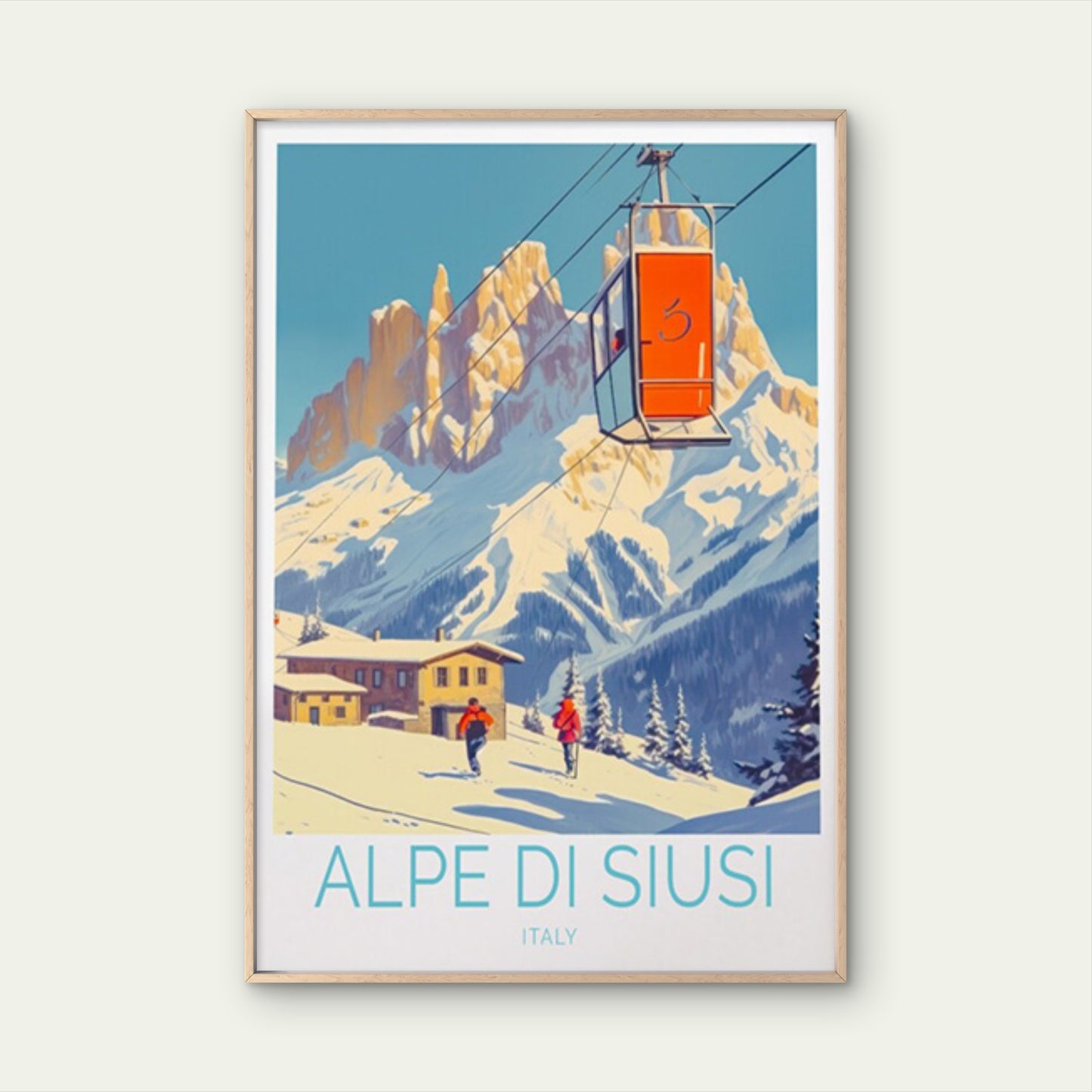 Alpe Di Siusi Italy, Cable Bus and Snow Travel Poster Print Wall Art