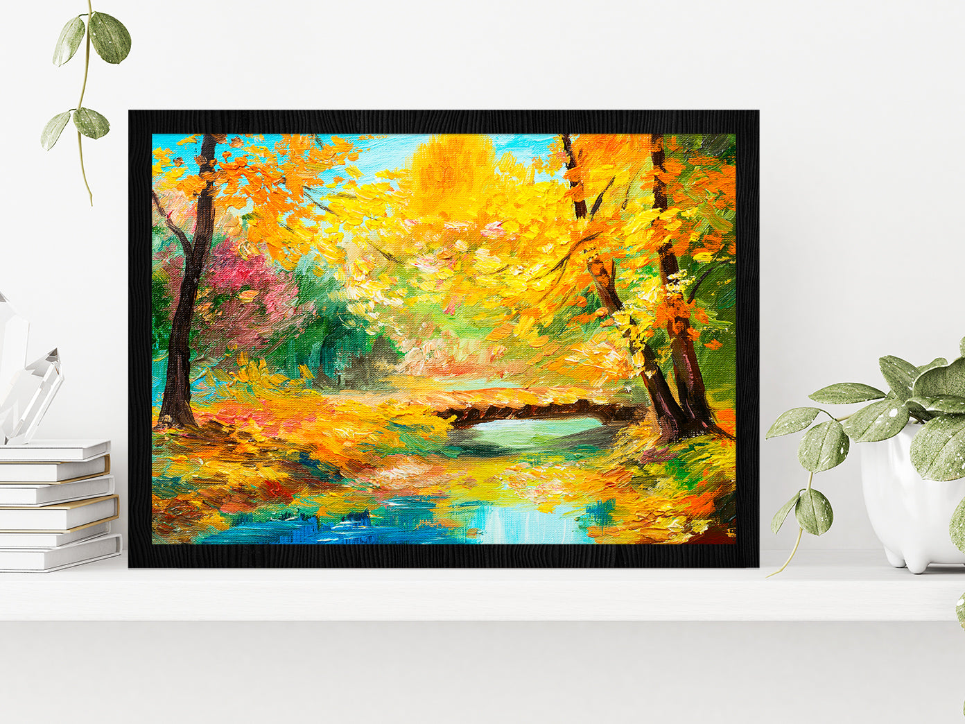 Colorful Autumn Forest With River Glass Framed Wall Art, Ready to Hang Quality Print Without White Border Black