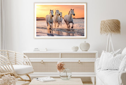 White Horses Running Through the Water at Sunset Home Decor Premium Quality Poster Print Choose Your Sizes