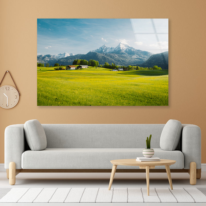 A Field Of Grass in the Foreground and Mountains Acrylic Glass Print Tempered Glass Wall Art 100% Made in Australia Ready to Hang