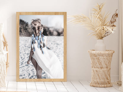 Girl on Sand Beach View Photograph Glass Framed Wall Art, Ready to Hang Quality Print Without White Border Oak