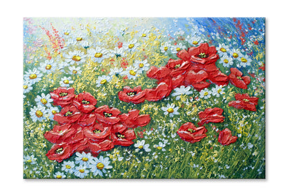 Red & White Flowers with Leaves Oil Painting Wall Art Limited Edition High Quality Print Stretched Canvas None