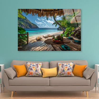 Table with Fruit and a Straw Umbrella on a Beach Acrylic Glass Print Tempered Glass Wall Art 100% Made in Australia Ready to Hang