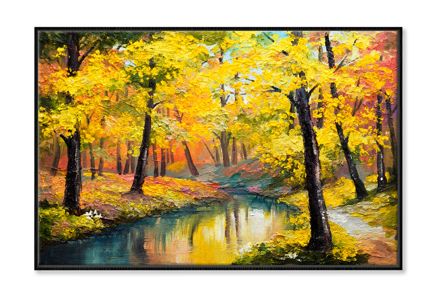 Autumn Trees With Lake In Forest Oil Painting Wall Art Limited Edition High Quality Print Canvas Box Framed Black