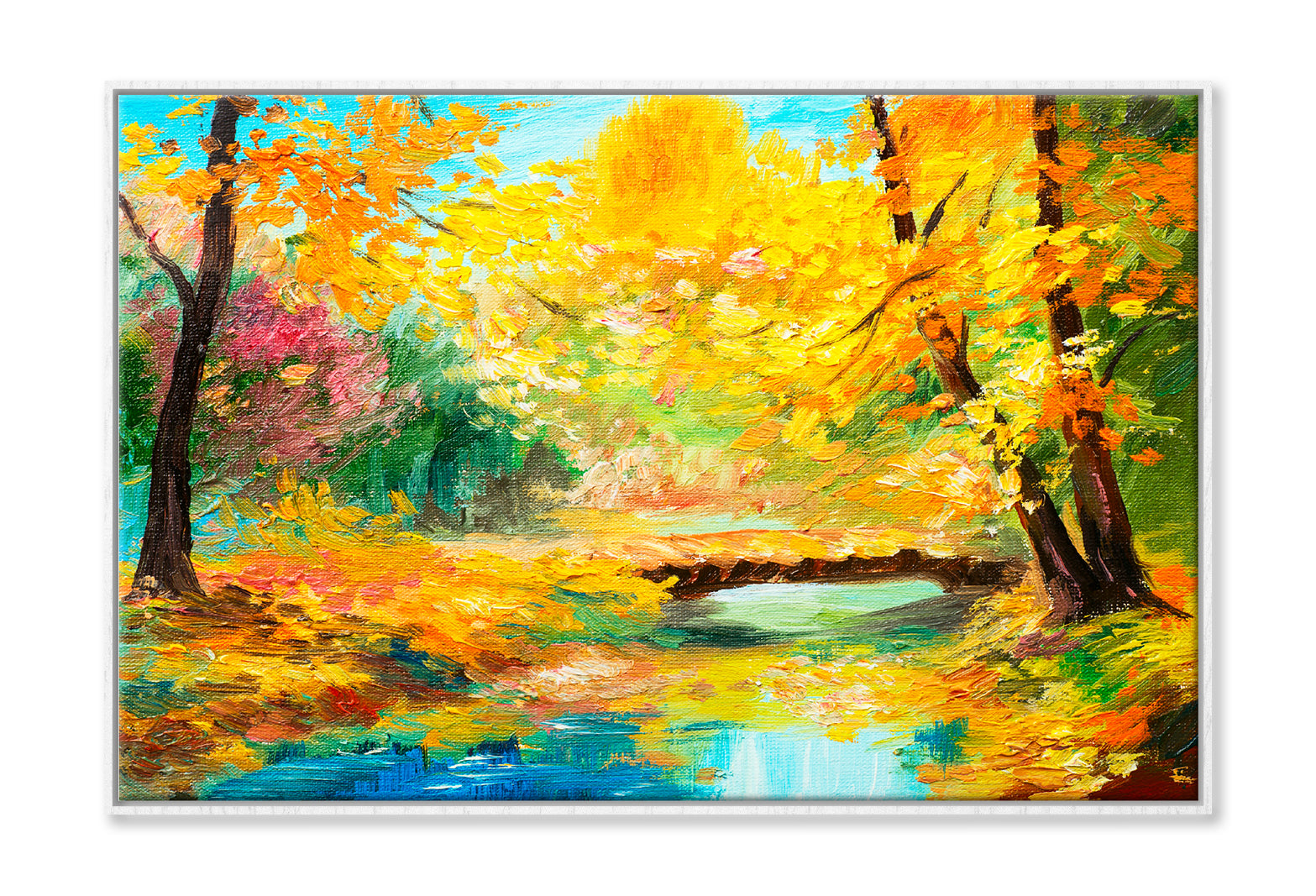 Colorful Autumn Forest With River Oil Painting Wall Art Limited Edition High Quality Print Canvas Box Framed White