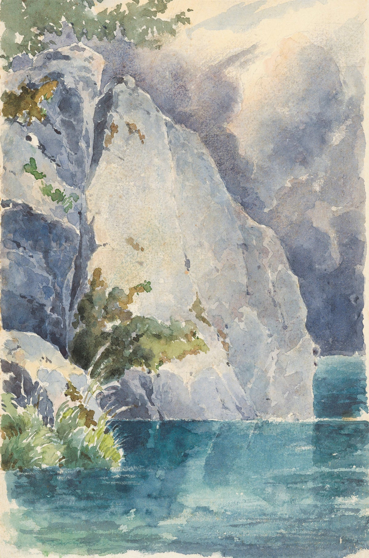 Vintage Blue Lake Mountain Cliff 40x60cm Metal Print Ready to Hang