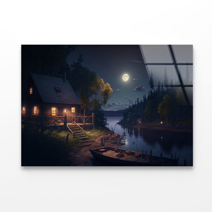 House, Trees, Lake at Night Acrylic Glass Print Tempered Glass Wall Art 100% Made in Australia Ready to Hang