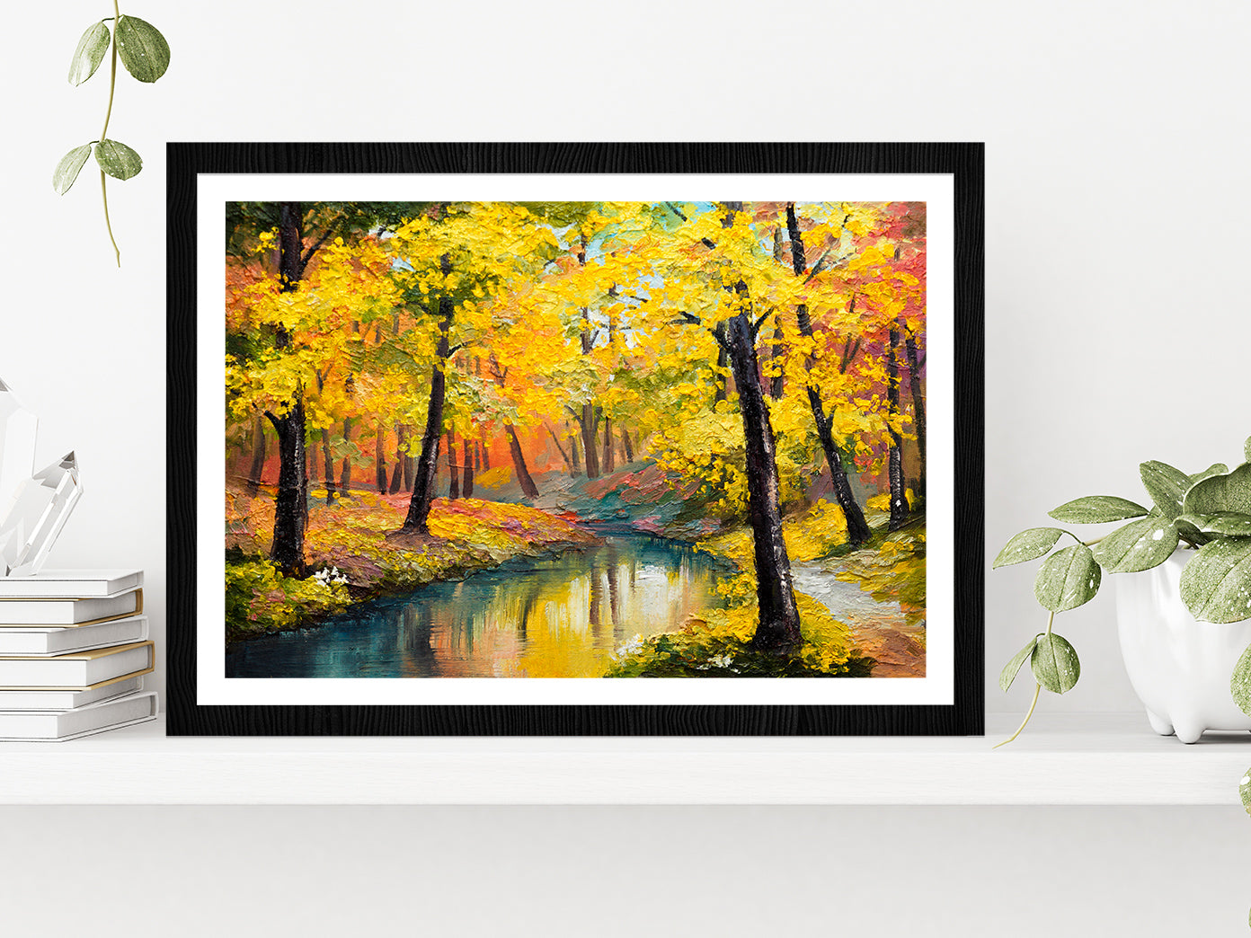 Autumn Trees With Lake In Forest Oil Painting Glass Framed Wall Art, Ready to Hang Quality Print With White Border Black