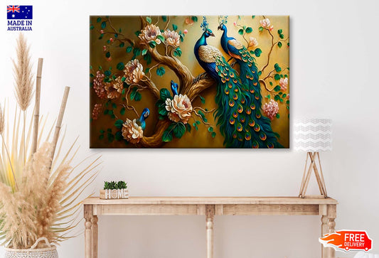 Two Peacock with Gold Flowers Wall Art Limited Edition High Quality Print