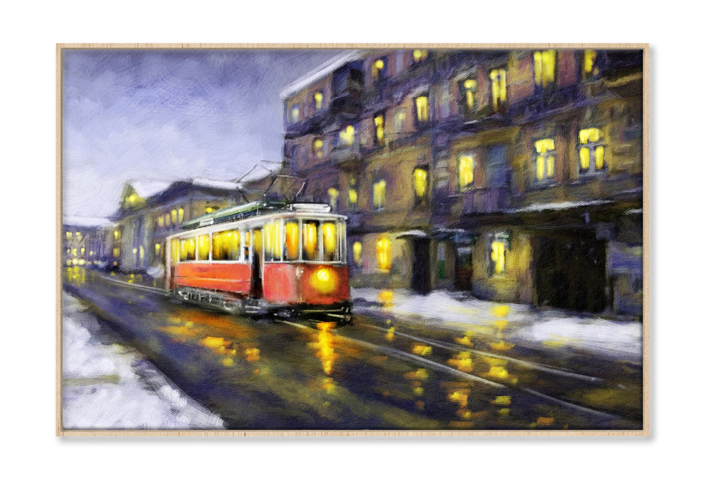 Tram in Old City Night Oil Painting Wall Art Limited Edition High Quality Print Canvas Box Framed Natural