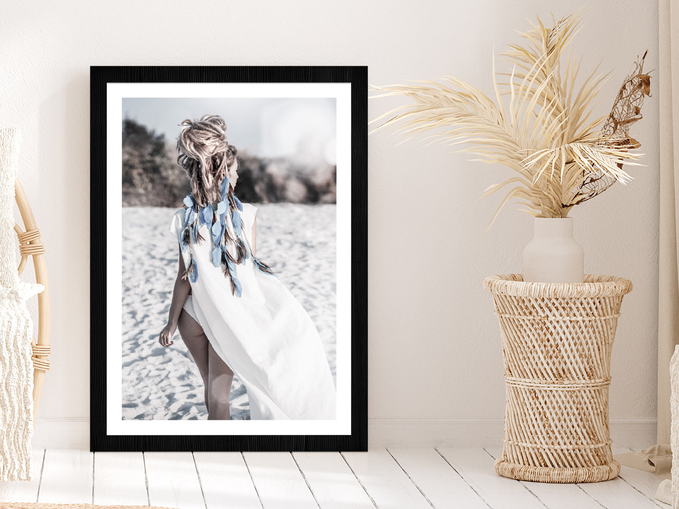 Girl on Sand Beach View Photograph Glass Framed Wall Art, Ready to Hang Quality Print With White Border Black
