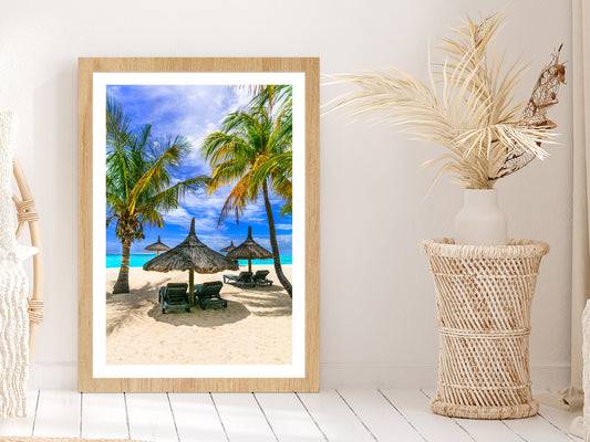 Tropical Palms & Beach Hut at Mauritius Photograph Glass Framed Wall Art, Ready to Hang Quality Print With White Border Oak