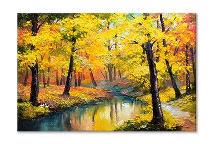 Autumn Trees With Lake In Forest Oil Painting Wall Art Limited Edition High Quality Print Stretched Canvas None