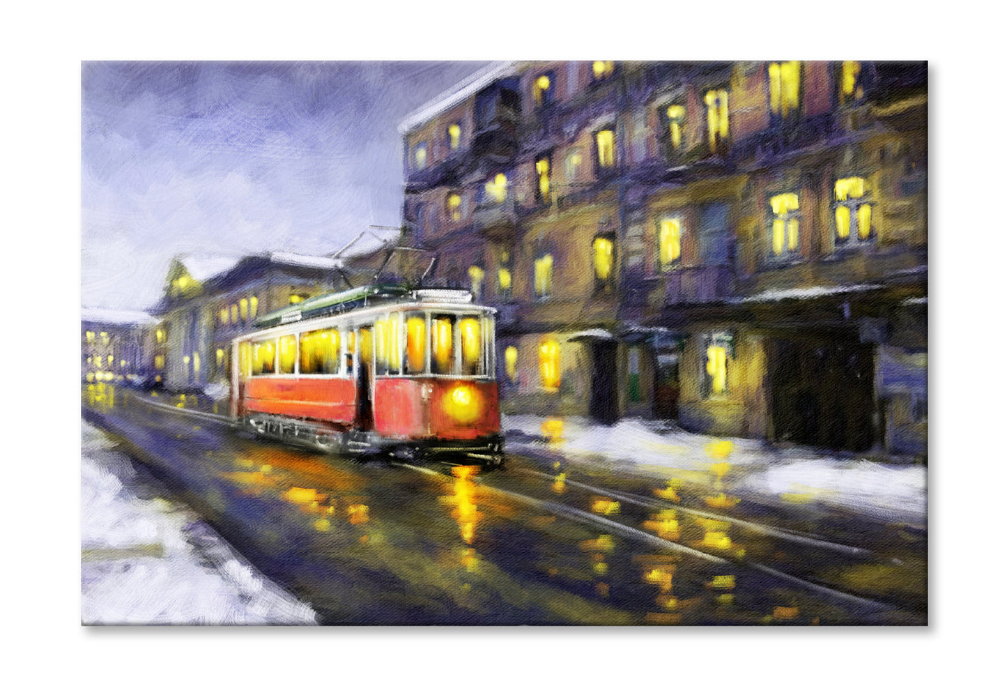 Tram in Old City Night Oil Painting Wall Art Limited Edition High Quality Print Stretched Canvas None