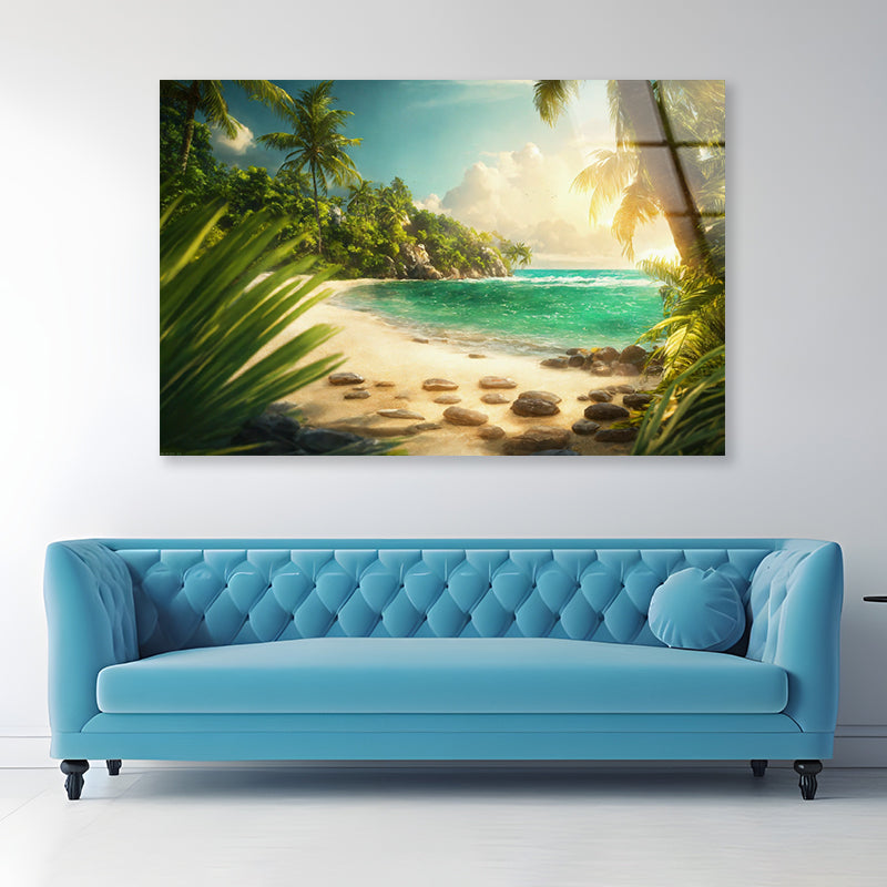 Beach with Palm Tree Acrylic Glass Print Tempered Glass Wall Art 100% Made in Australia Ready to Hang