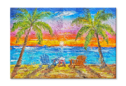 Chair Lounges on the Beach Shore Tropical Nature with Palm Trees Wall Art Limited Edition High Quality Print