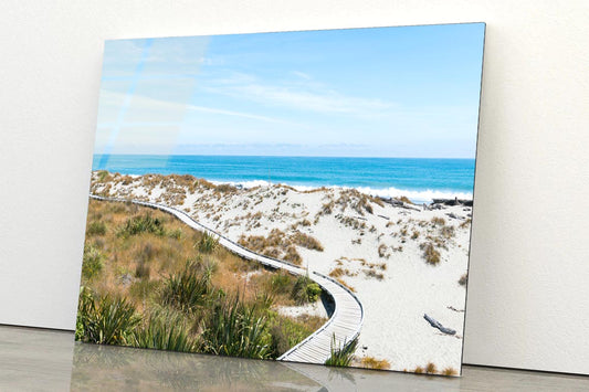 Sand Beach with Wooden Walking Path and Coast Skyline Background Acrylic Glass Print Tempered Glass Wall Art 100% Made in Australia Ready to Hang