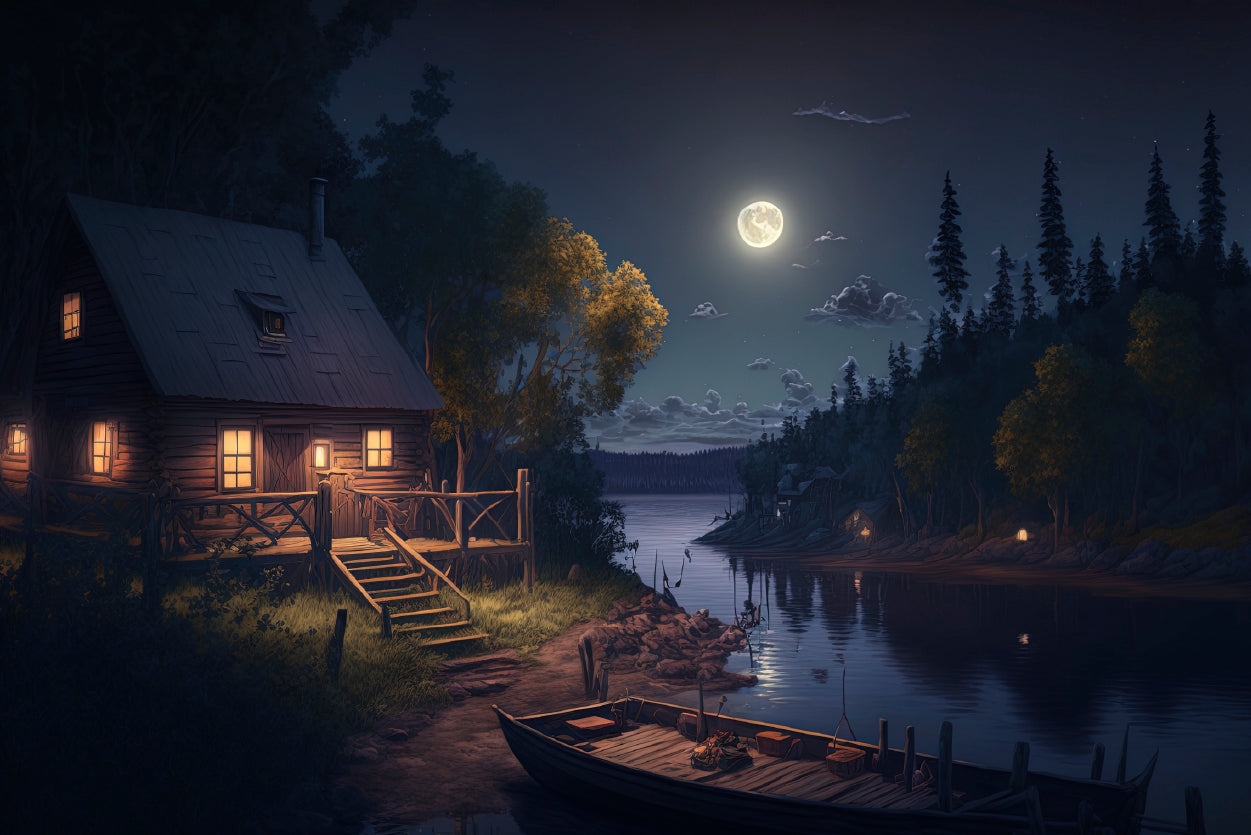 House, Trees, Lake at Night Home Decor Premium Quality Poster Print Choose Your Sizes