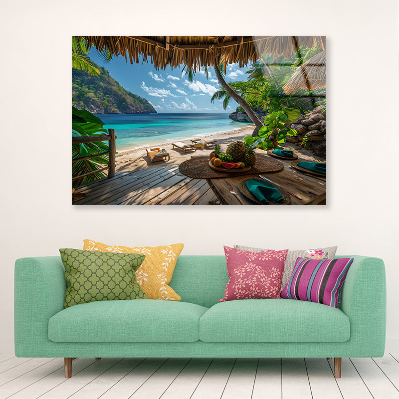 Table with Fruit and a Straw Umbrella on a Beach Acrylic Glass Print Tempered Glass Wall Art 100% Made in Australia Ready to Hang